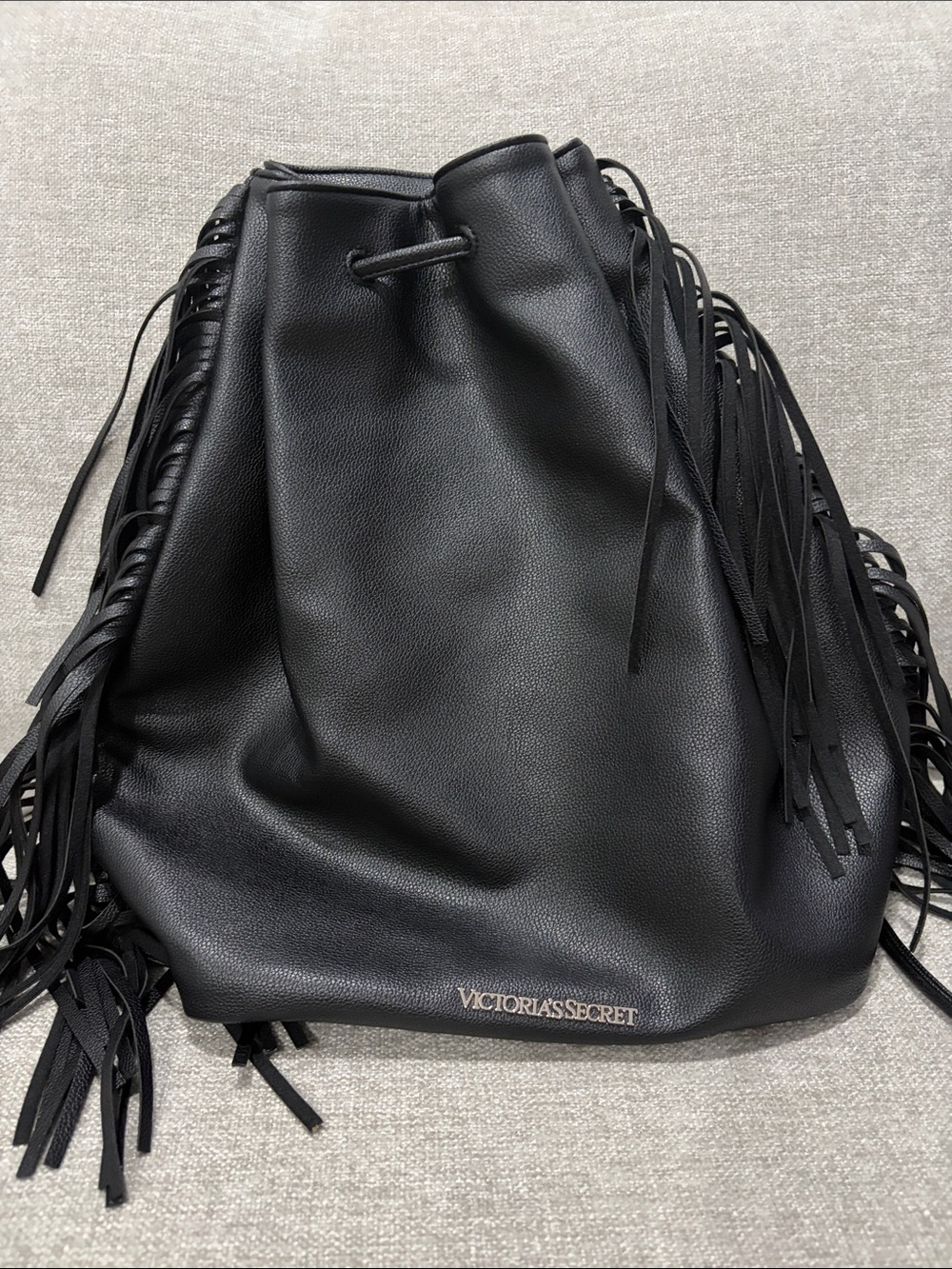 Victoria's Secret Black Fringe Drawstring Bucket Tote